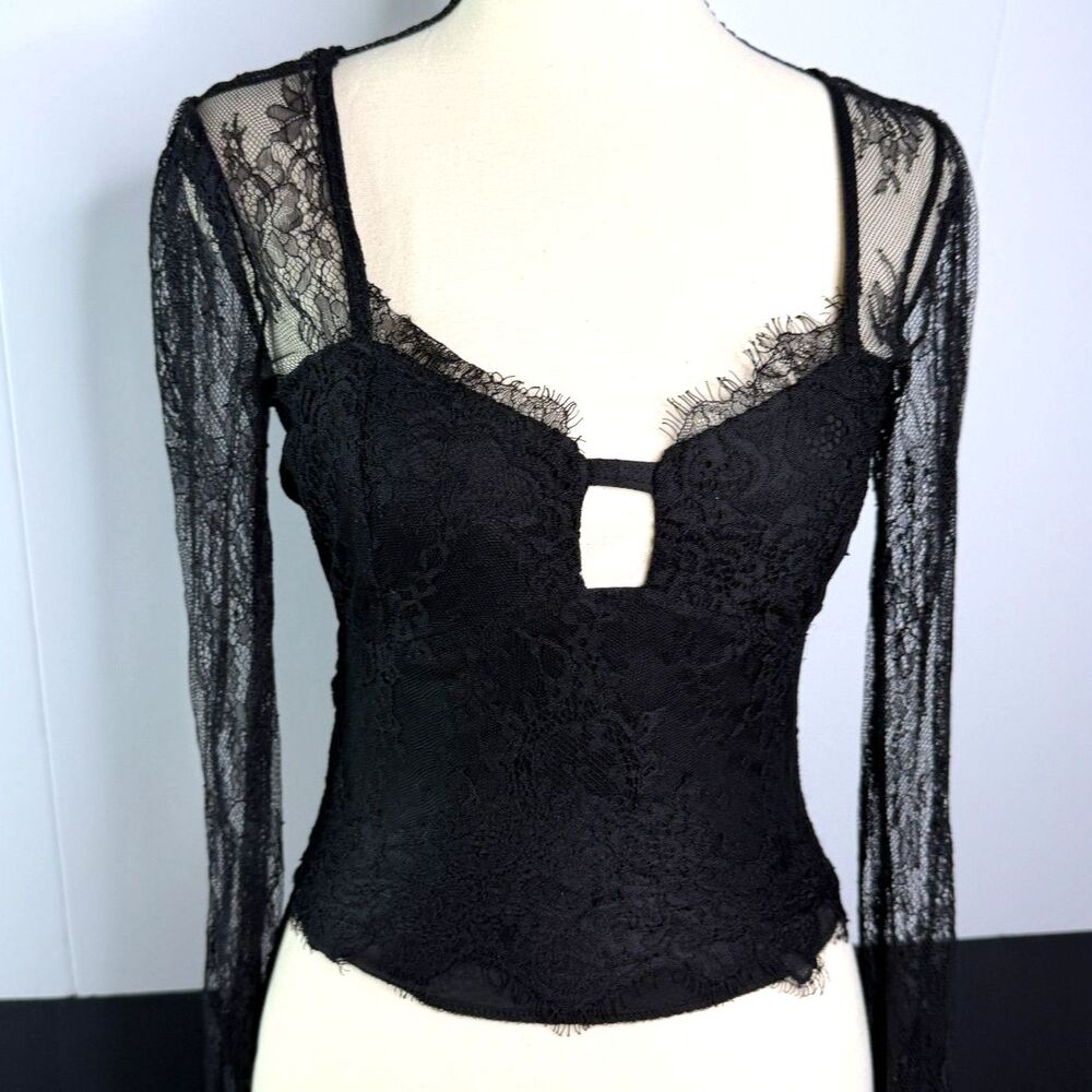 Thirty Thirty LA Black Lace Corset Top Long Sleeve Open Back Size S Y2K EUC